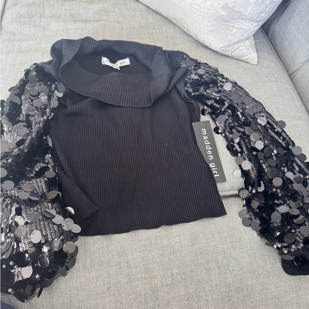 Madden Girl Black Cowl Neck Sweater with Sequin Sleeves